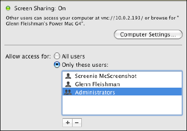 The Screen Sharing service's preferences allow you to choose to allow all users with accounts on the computer to have remote control of the screen, or to choose specific users and groups.