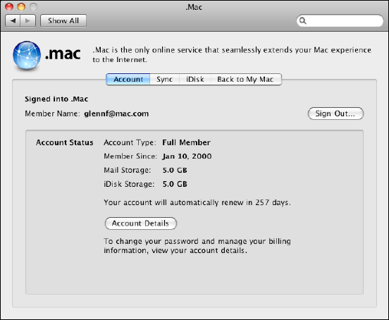 A successful .Mac login shows your account status and offers you a Sign Out button.