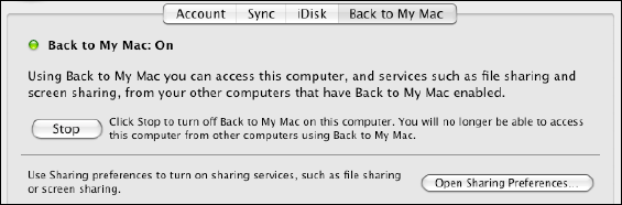 The Back to My Mac sub-pane lets you turn remote access on and off.