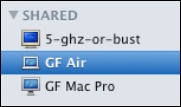 In a Finder window, the sidebar's Shared list shows locally accessible networked computers as well as Back to My Mac systems. In this case, 5-ghz-or-bust is a Samba file server running on an Airport Extreme Base Station, GF Air is a MacBook Air listed via Back to My Mac, and GF Mac Pro is a regular AFP server found via Bonjour. There's no way to tell the difference here between Back to My Mac, Bonjour accessible systems, or directly mounted remote computers!