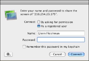 The authentication dialog lets you log in as an appropriate user for the remote computer.