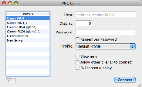 The VNC Login dialog shows Bonjour-advertised VNC servers on the network that you can connect to.