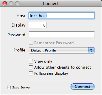 The Connect dialog appears when you choose Connection > New Connection and offers a variety of options for creating a custom remote session.Most of the options in this dialog are the same no matter how you are connecting, but the Save Server checkbox doesn't appear if you are connecting via Bonjour.