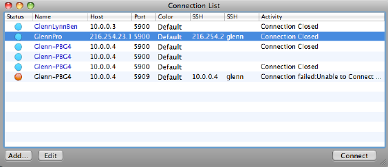 The Connection List in Vine Viewer shows discoverable VNC servers advertised by Bonjour (in blue), and connections you've configured (in black).