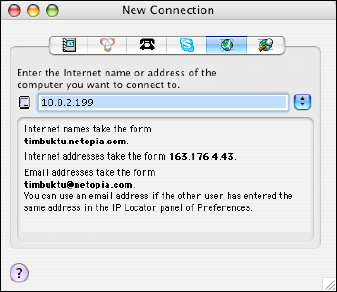 Timbuktu's New Connection window shows its range of support for stored entries, Bonjour-linked computers, dial-up (!), Skype, direct IP connections, and its own form of network discovery.