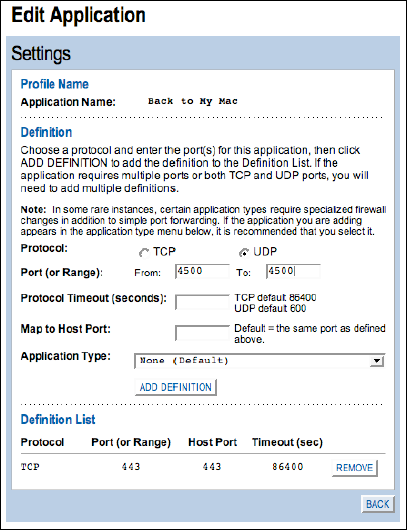 The Application Settings page lets you add a set of ports to a single firewall rule.In this screenshot, I've already added TCP port 443 (shown in the Definition List at the bottom), and I am about to add UDP port 4500 (under Definition in the middle) by clicking Add Definition.