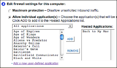 Adding specific firewall exceptions is as simple as Command-clicking one or more items in the list at left, and clicking Add to put them in the list at right.