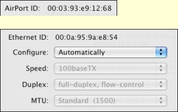 Top: An AirPort ID, shown at the bottom of the AirPort sub-pane.Bottom: An Ethernet ID, shown in the Ethernet sub-pane.To reach either of the above sub-panes, open the Network system preference pane, select the network interface in question, and then click Advanced.