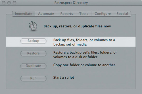 To start a backup immediately, select the Immediate tab. Click the Backup button to launch the archiving process.