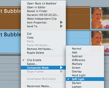 Control-click a clip to apply the Soft Light composite mode.