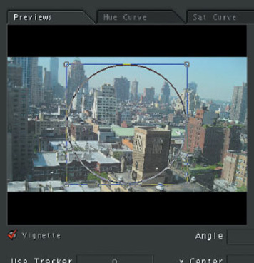 The vignette preview area showing the vignette onscreen controls, with the enabled Vignette button immediately below.