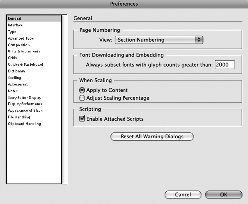 To display different panes in the Preferences dialog box, click an option in the list at left.