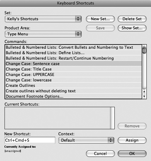 The Keyboard Shortcuts dialog box lets you select a set of shortcuts to use, create new shortcut sets, and edit the shortcuts for individual commands.