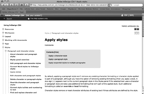 The Using InDesign CS4 Help provides links on various popular topics.