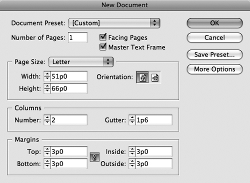 Checking Master Text Frame in the New Document dialog box automatically places a text frame on document pages according to the values in the Columns and Margins areas.