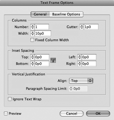The General tab in the Text Frame Options dialog box lets you specify the position of text within the frame.
