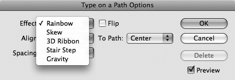 The Type on a Path Options dialog box lets you control how text is oriented to the path, including creating special effects, such as Rainbow, with the characters.