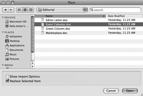 The Place dialog box (File menu) lets you select files to import.