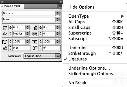 The Character panel (Type menu) provides comprehensive character formatting controls.