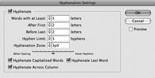 The Hyphenation Settings dialog box provides a slider for striking a balance between Better Spacing and Fewer Hyphens.