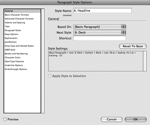 The Paragraph Style Options dialog box lets you specify a name, shortcut key, and formatting for a new paragraph style.