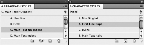 Click style names in the Paragraph Styles panel (left) and the Character Styles panel (right) to apply them to selected text.