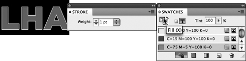 The Stroke panel lets you outline selected characters, and the Swatches panel lets you apply a color to them.