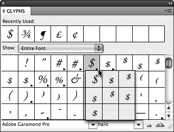 The Glyphs panel provides quick access to all the glyphs within the selected font. Double-click a glyph to insert it in text at the text insertion point.