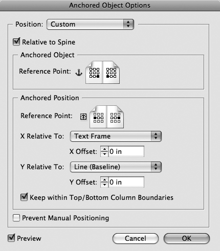 For an anchored object with Custom alignment, the Anchored Object Options dialog box lets you position the object in relation to the columns of text, the page, and more.