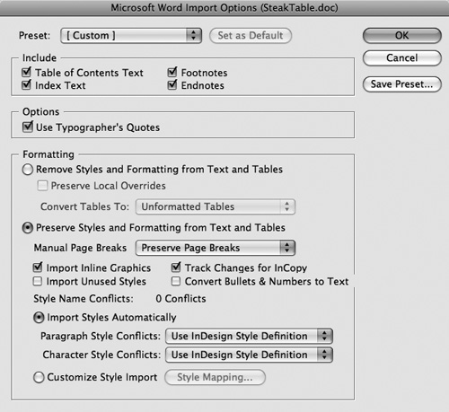 The Microsoft Excel Import Options dialog box lets you customize how Excel tables are imported into InDesign.