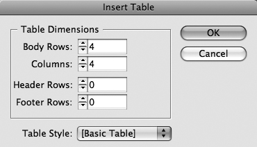 The Insert Table dialog box lets you specify how many rows and columns you want in a new table.