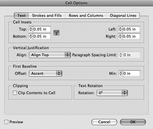 The Cell Options dialog box lets you specify the text placement, strokes, and fills for selected cells.