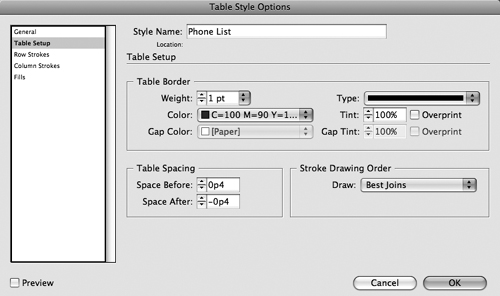 The Table Style Options dialog box lets you specify a name and shortcut key in the General pane and table formatting in the Table Setup, Row Strokes, Column Strokes, and Fills panes.