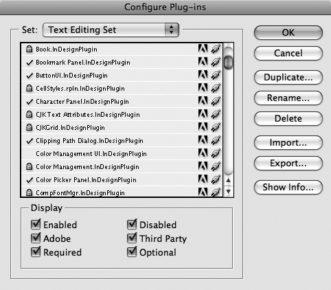 The Configure Plug-ins dialog box lets you create custom sets of plug-ins for specific workflows, projects, and clients. Information in this dialog box also helps with troubleshooting.