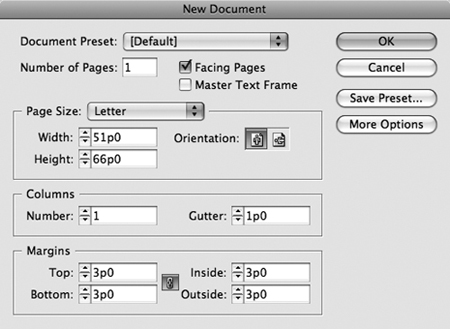 The New Document dialog box lets you specify the number of pages, page size, margins, and more for a new project.
