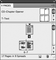 By default, master page thumbnails are displayed at the top of the Pages panel. Document page thumbnails display below.