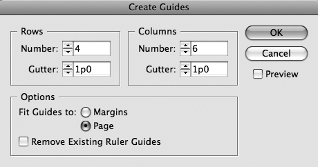 Use the controls in the Create Guides dialog box to divide a page into rows and columns using ruler guides.