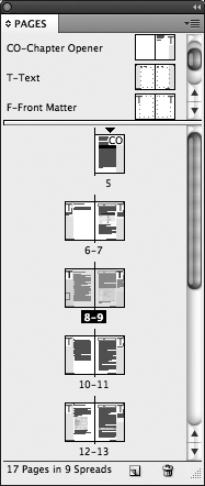 The Pages panel displays thumbnails of master pages (top) and document pages (bottom), and includes controls and commands for working with pages.