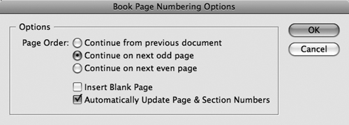 The Book Page Numbering Options dialog box helps you ensure that pages are numbered correctly from document to document.