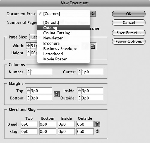 The Document Preset menu in the New Document dialog box lets you create new documents quickly and efficiently by choosing from your list of document setups.