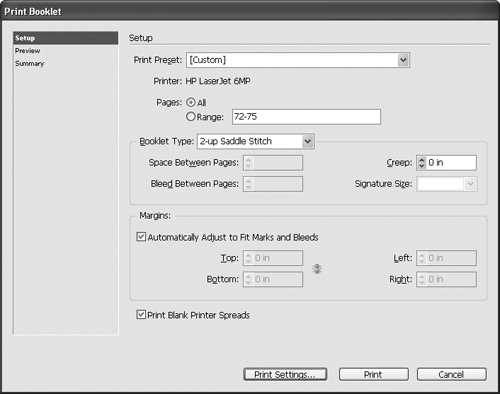 The Setup pane in the Print Booklet dialog box lets you control how multipage documents are printed. The Booklet Type menu provides five imposition options. The controls available in the Booklet Type section depend on what’s selected in the Booklet Type menu.