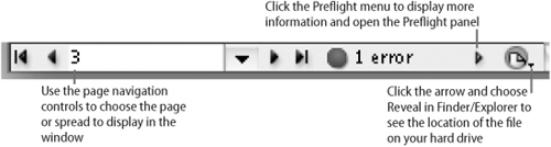 The lower-left corner of the document window provides controls for switching pages, reviewing preflight issues, and locating files.