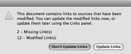 The Missing/Modified Links dialog box warns you if any imported graphic files are missing or have been edited.