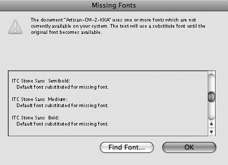 The Missing Fonts dialog box lists fonts used in the document that are not active on your system.