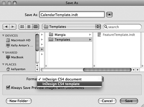 The Save As dialog box lets you name and save documents and templates.