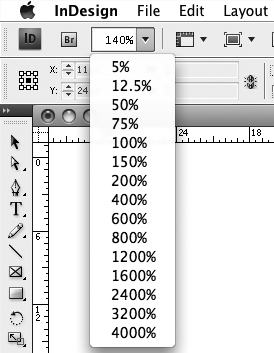 The Zoom Level field/menu in the Application bar lets you type or select a zoom level.