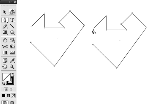 Click and release the mouse button to create straight-edged paths with the Pen tool (left). Click the starting point to create a closed path (right).