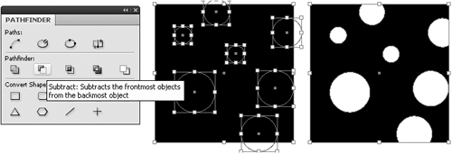 In this example, the Subtract option in the Pathfinder panel generated the shape on the right by “punching out” several circles from a square black background frame (center).