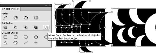 The Minus Back button removes the background objects (the crescent moon shapes) from the frontmost object (the rectangle).