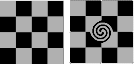 The original checkerboard graphic (left) was created in InDesign, and then copied and pasted into an Illustrator document. Illustrator’s Twirl tool was used to create the variation on the right, which was copied and pasted into the InDesign layout to complete the round trip.